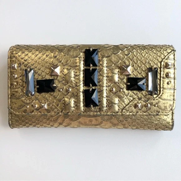 Vintage Juicy Couture Gold Metallic Leather Black Crystals Silver Stud Wallet - Picture 1 of 12